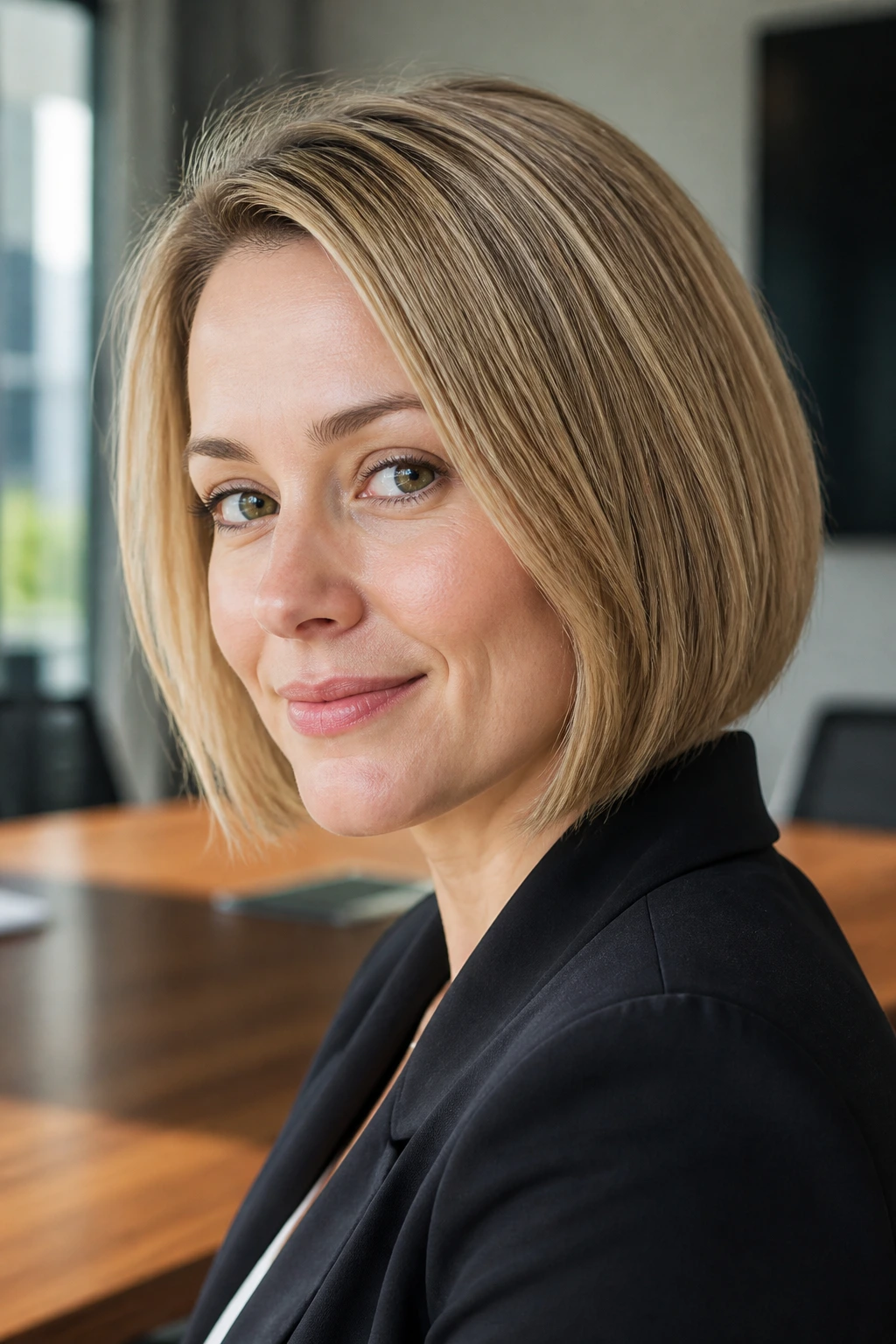 Close-up of a real woman with a fine-hair volume bob in a conference room