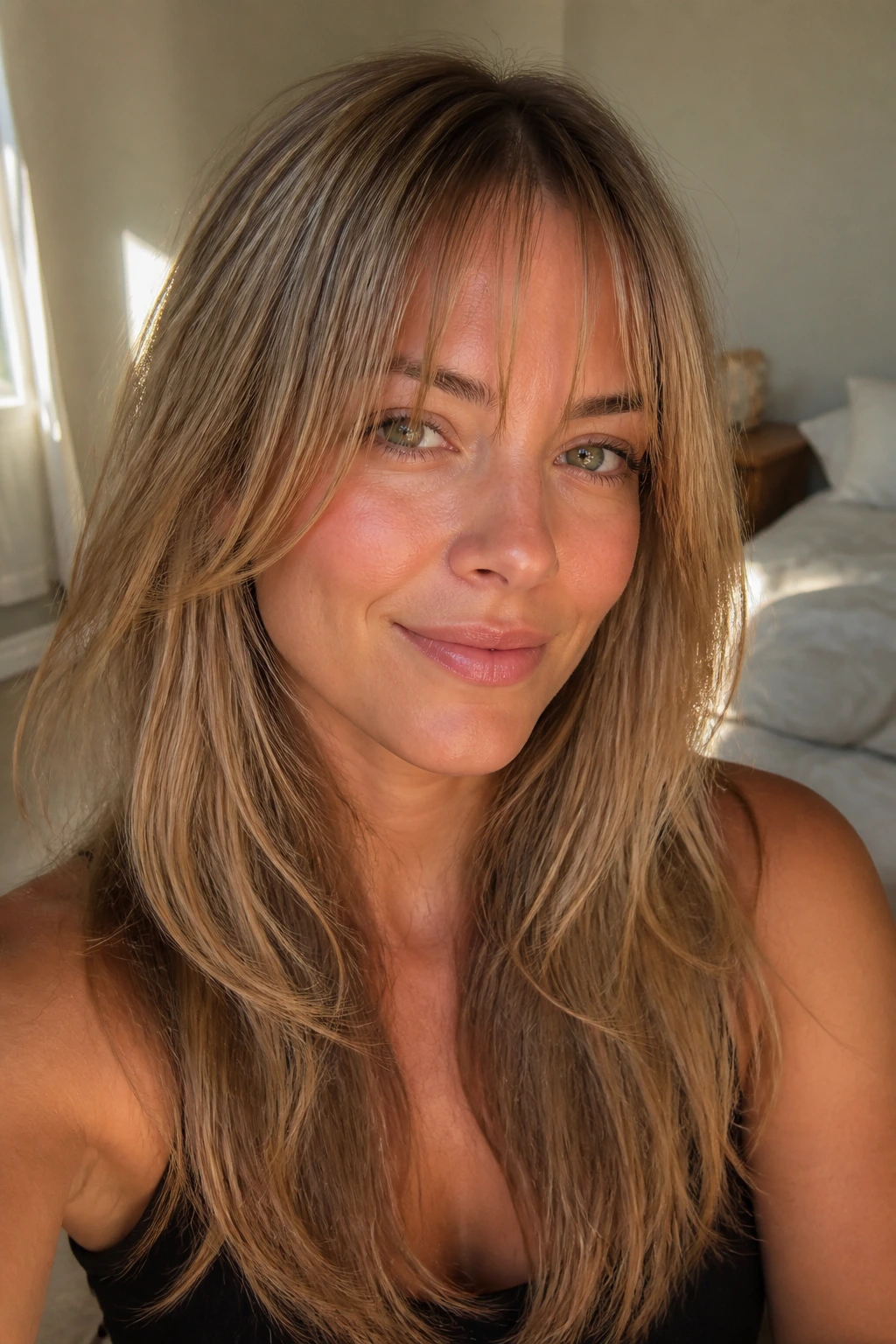 Close-up of a real woman with fine hair styled for volume and airy bangs in natural light