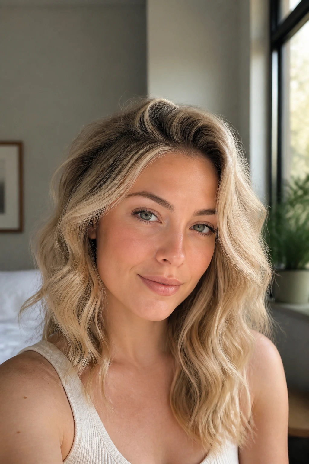 Close-up of a real woman with soft blonde waves and crown lift