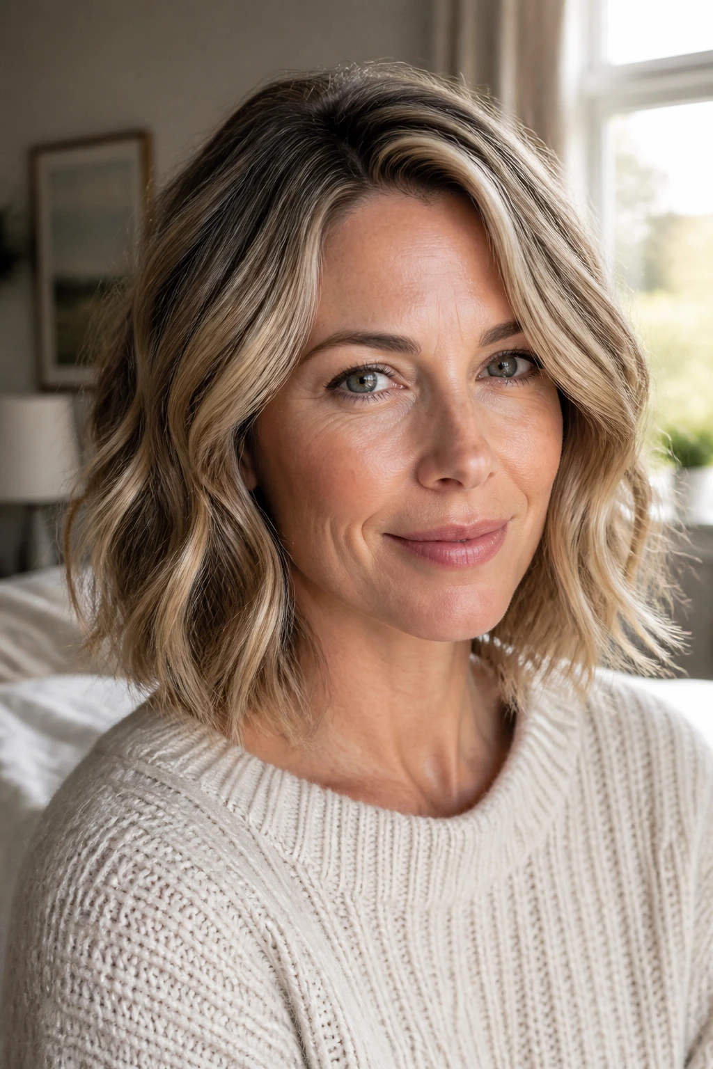 Close-up portrait of a real woman with shoulder-length fine hair styled in soft waves in natural bedroom light