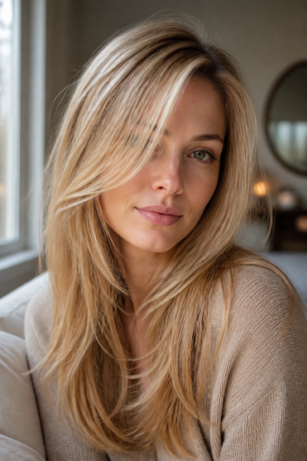 Portrait of a woman with fine-hair whisper layers at the cheek.