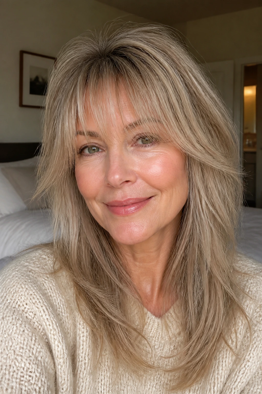 Close-up of a real woman with fine hair and wispy air bangs.
