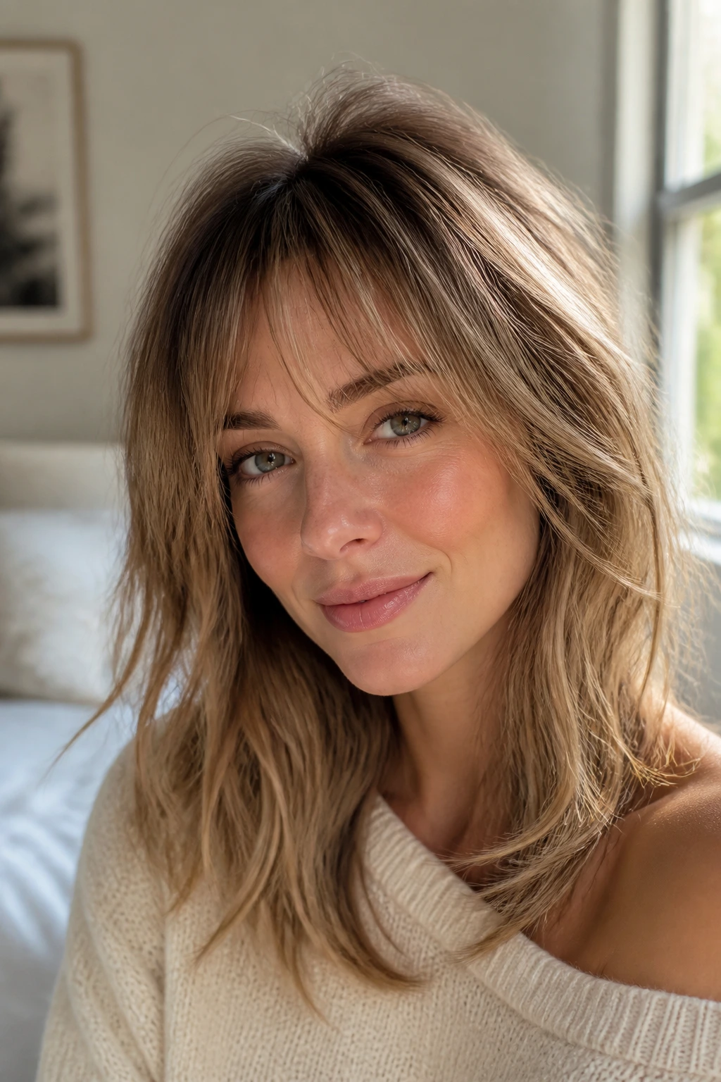 Close-up portrait of a real person with wispy fringe and soft crown volume in fine hair.