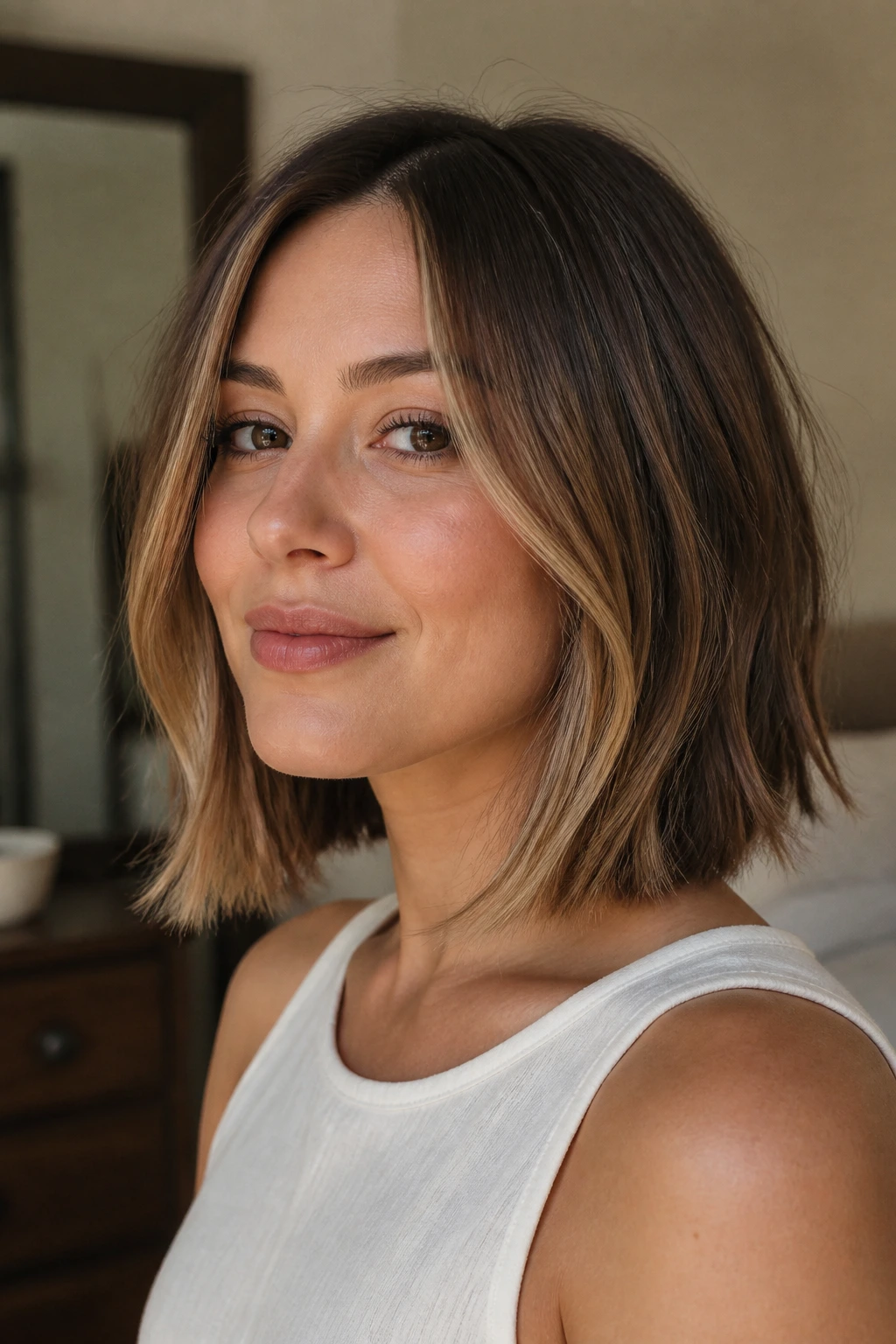 Close-up portrait of a real woman with a fine lob haircut just below the cheekbones, center-parted.