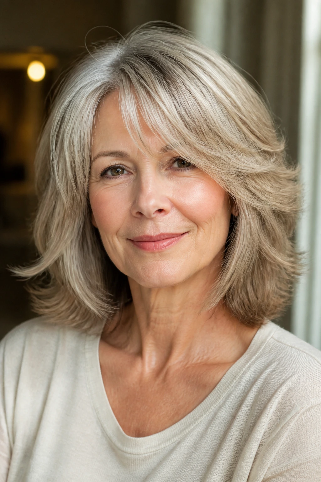 Real woman with soft layered hairstyle suitable for fine, thick, curly, or gray hair.