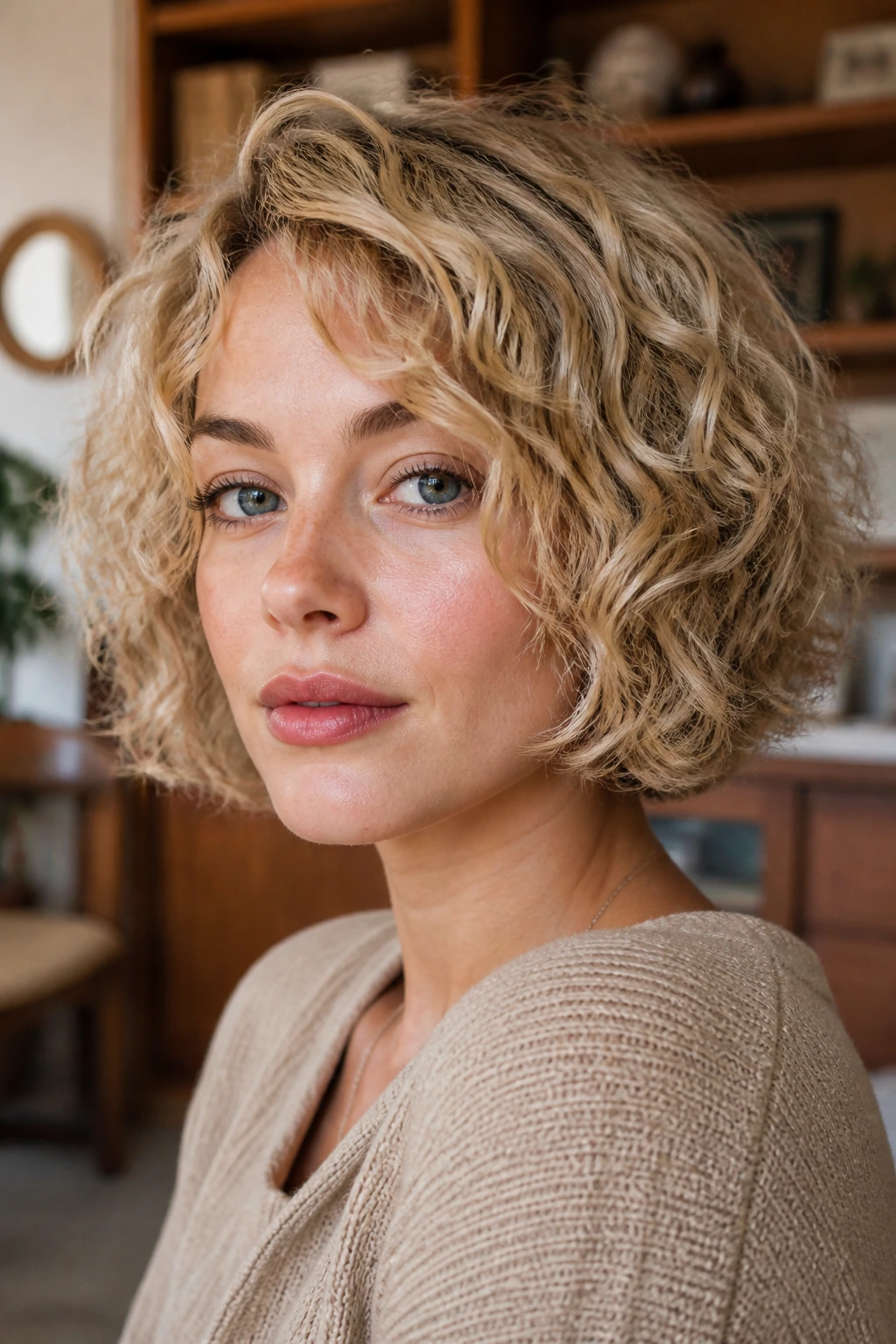 Portrait of a woman with a natural curly bob showing texture and movement