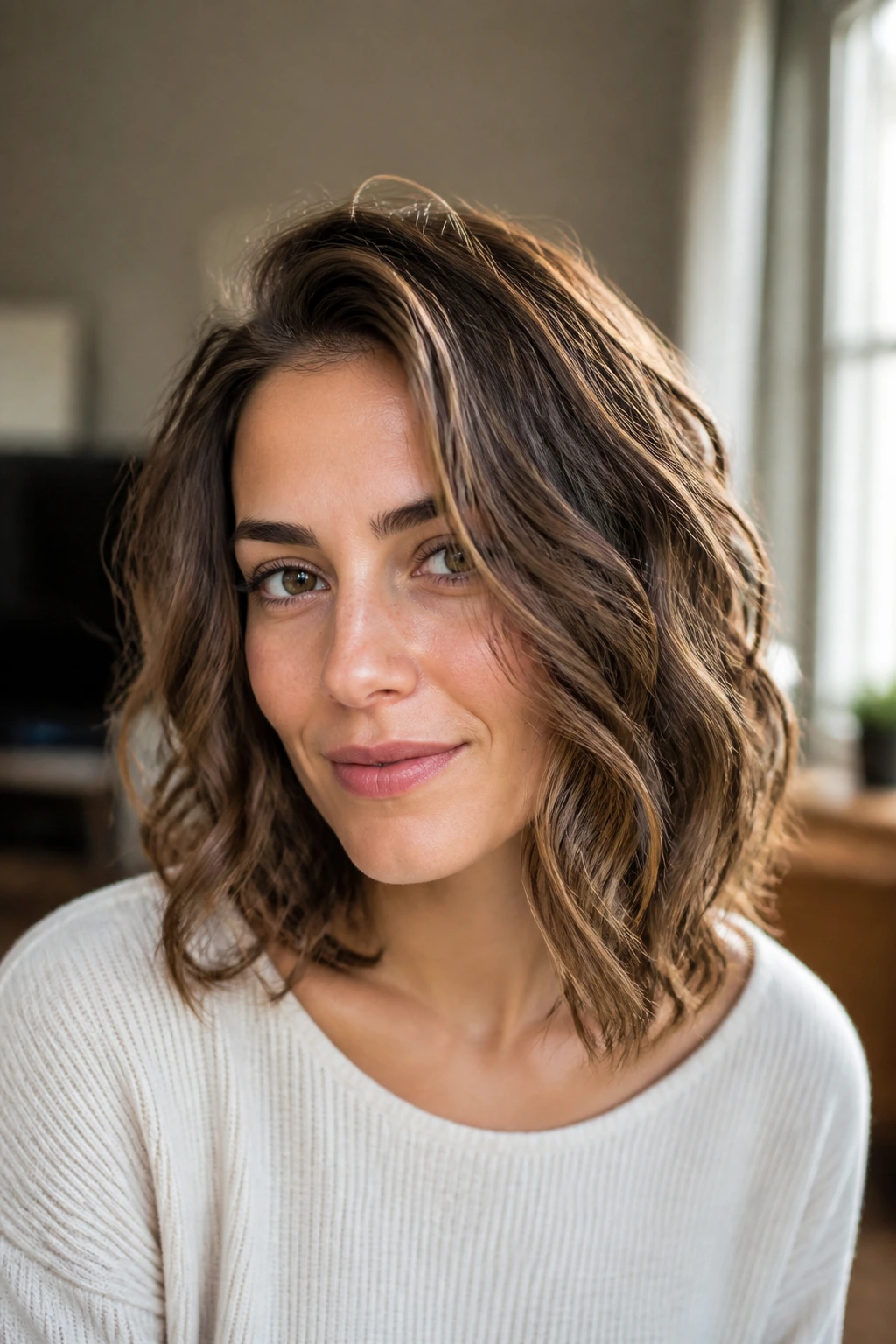 Close-up of a real woman with shoulder-length wavy hair showing lift and texture
