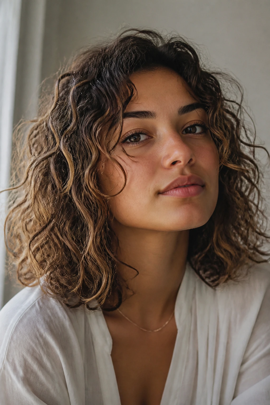 Real woman with fine-wave lift and collarbone-length curls in natural light