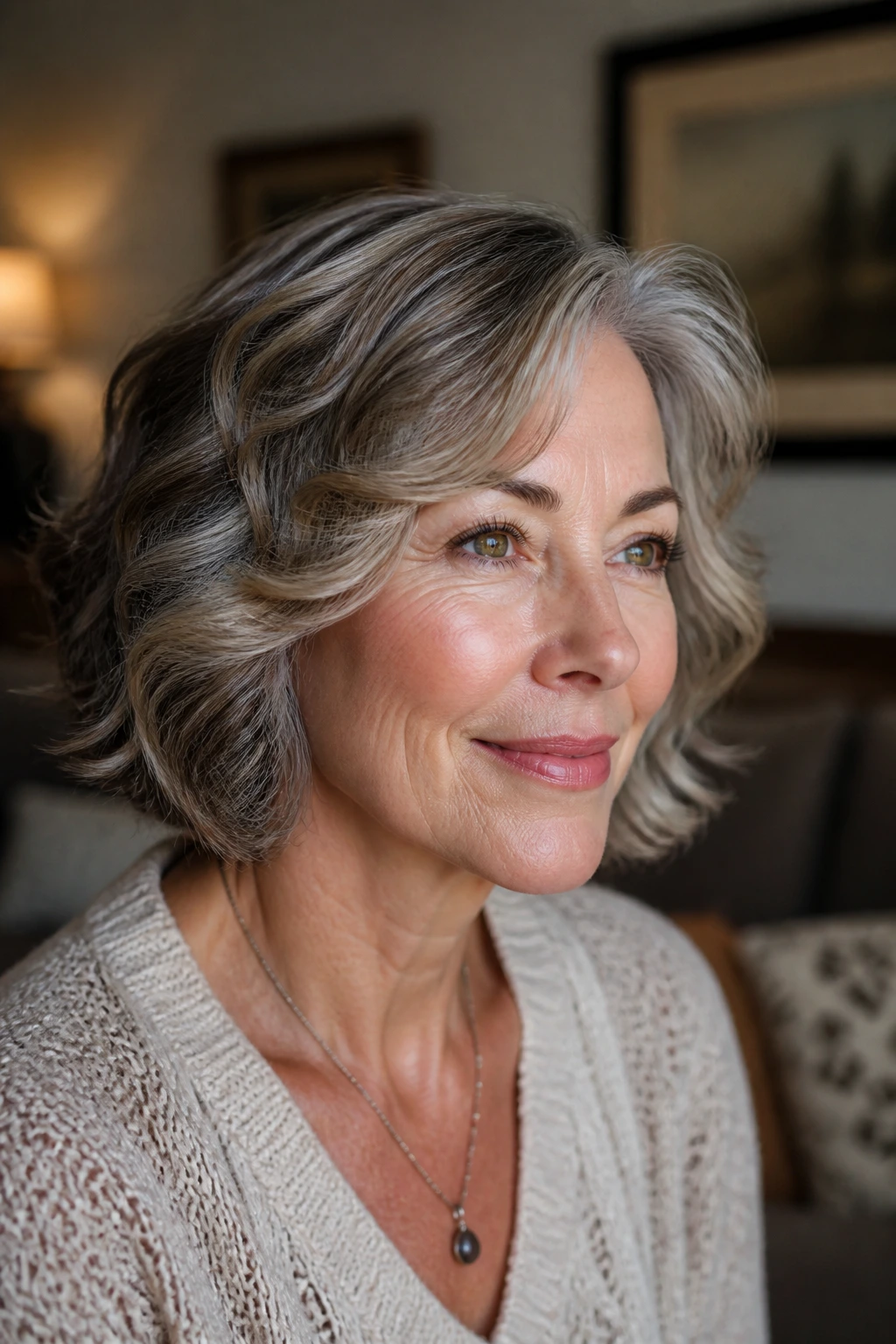 Portrait of a woman with fine waves and subtle crown lowlights for depth
