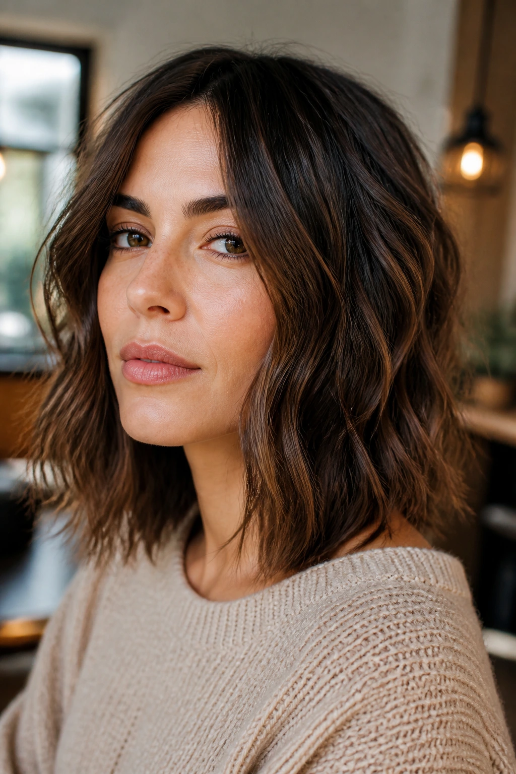 Close-up of a real person with fine, wavy hair and a blunt perimeter