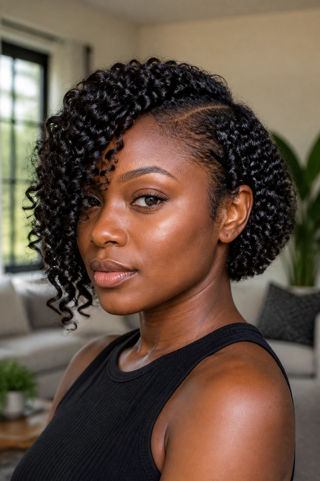 Close-up of a real Black woman with an asymmetric finger-coil bob and defined curls