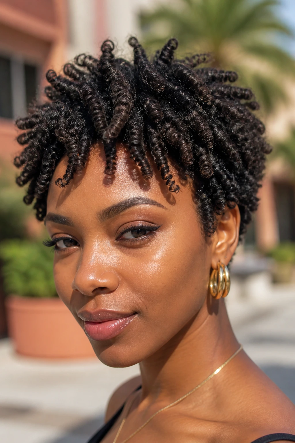 Close-up of a real person with a finger-coiled crop hairstyle.
