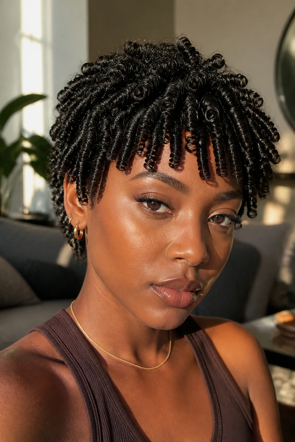 Real woman with finger coil crop and short choppy fringe in natural light