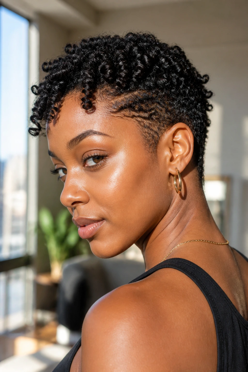 Close-up of a real Black woman with finger-coil crop and tapered nape.