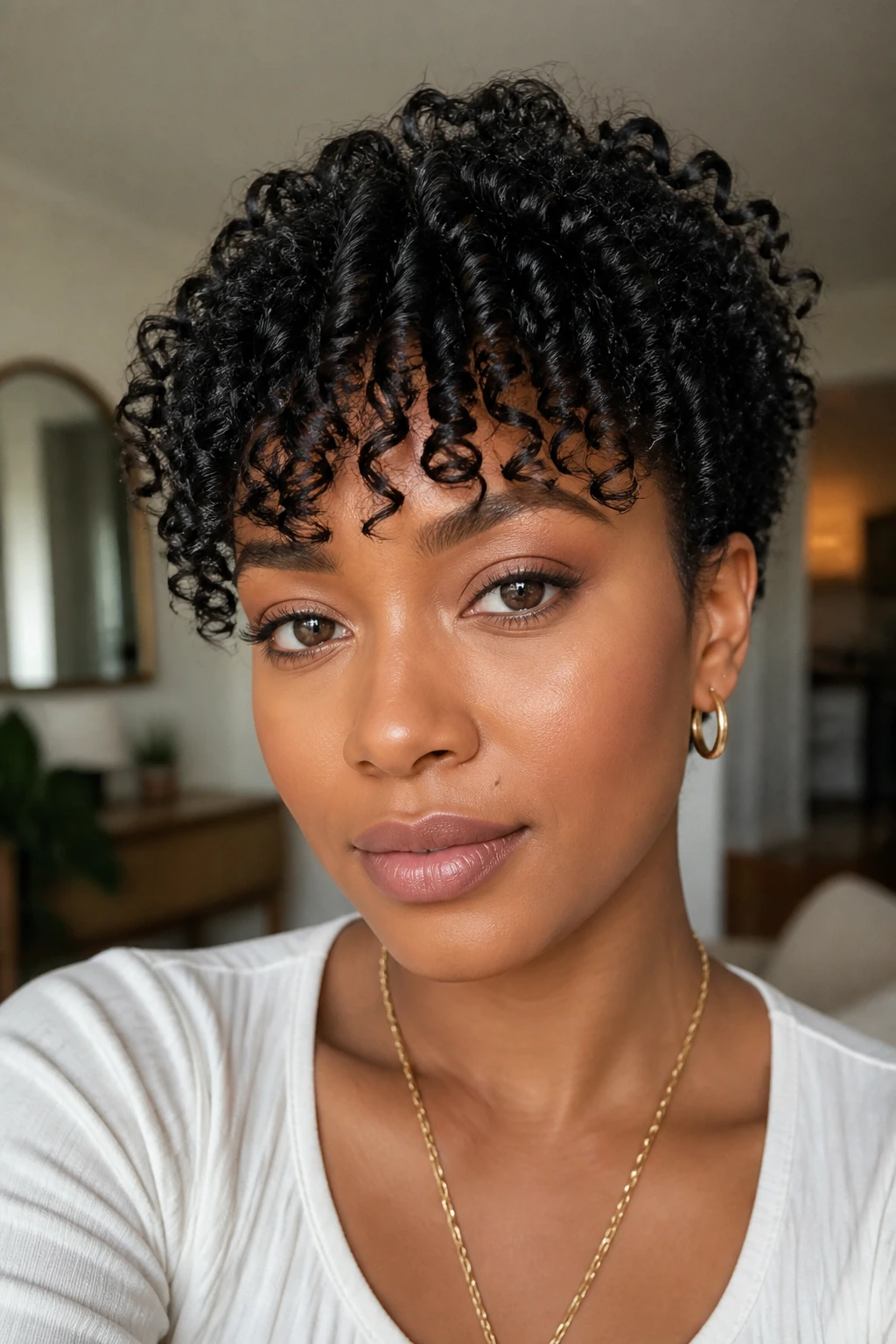 Close-up of a real woman with sculpted finger-coil fringe on curly hair