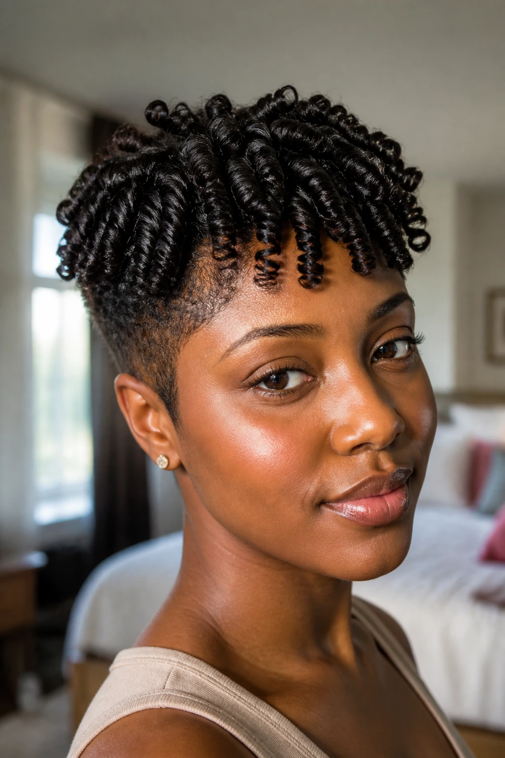 Close-up portrait of a Black woman with finger-coil two-block hairstyle