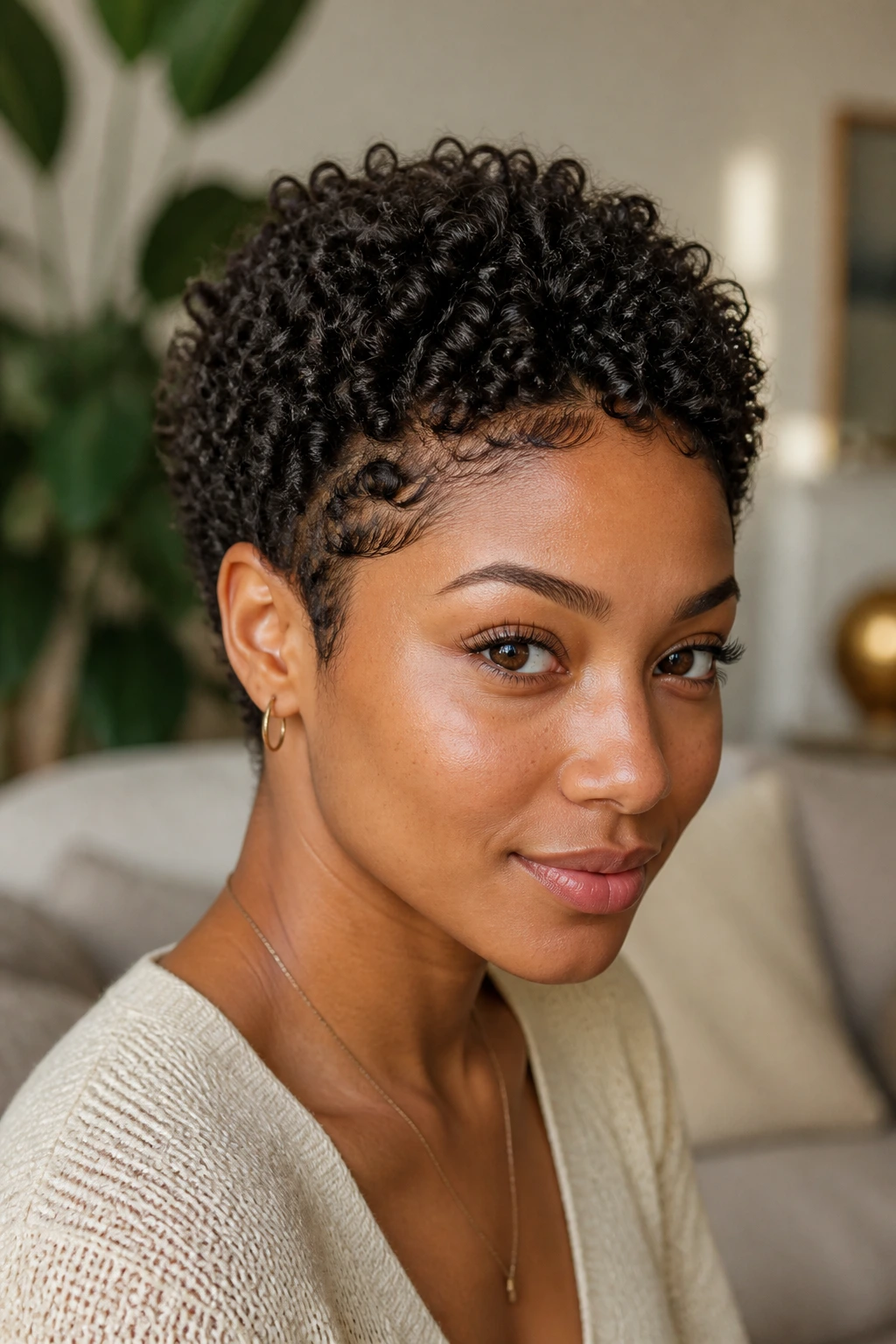 Close-up of a real person with finger-coiled curls and defined crown.