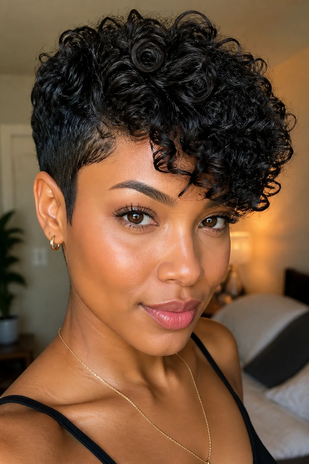 Portrait of a real person with finger-coiled pixie and side sweep