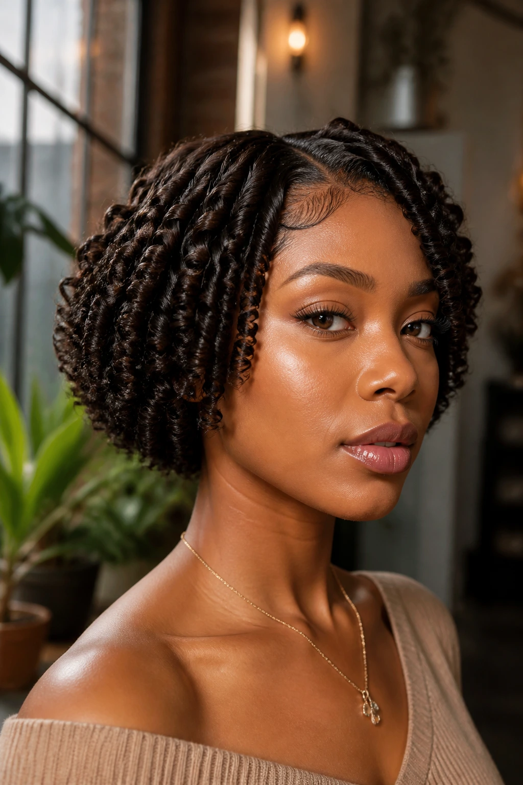Close-up of a woman with a finger-coiled sculpted bob