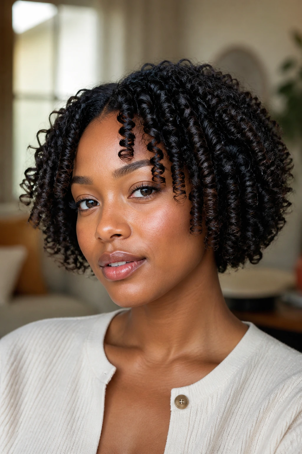 Close-up of a real woman with a defined finger-coil bob, crisp small coils and face-framing hair in soft window light.