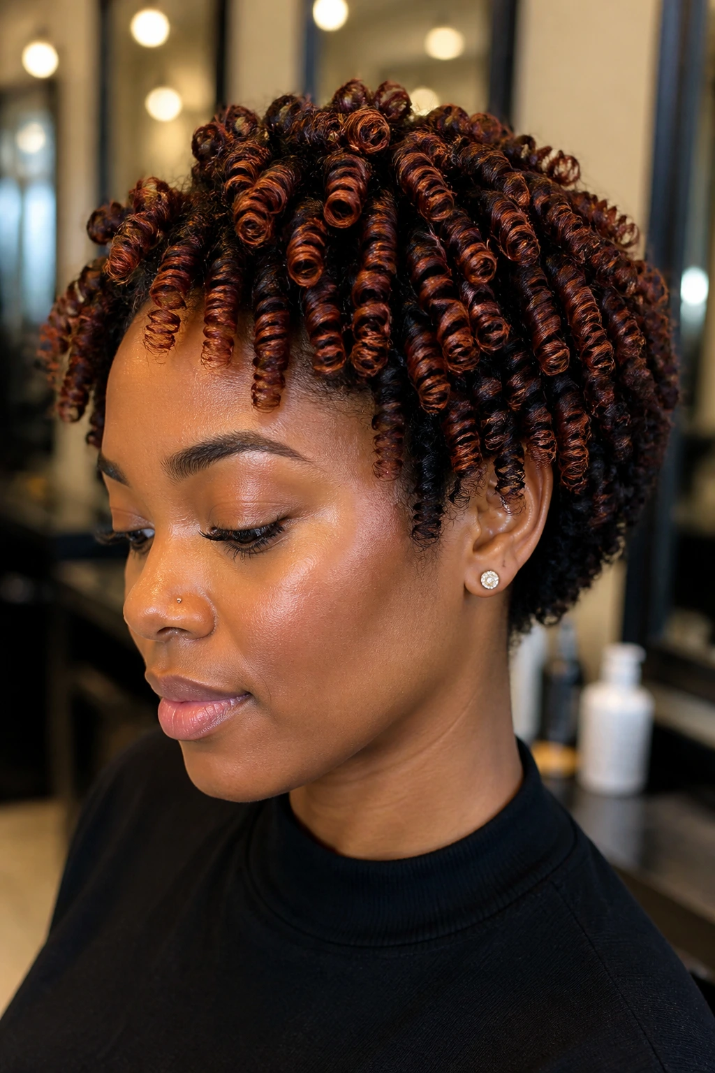 Close-up of chestnut red finger coils on short to medium curls.