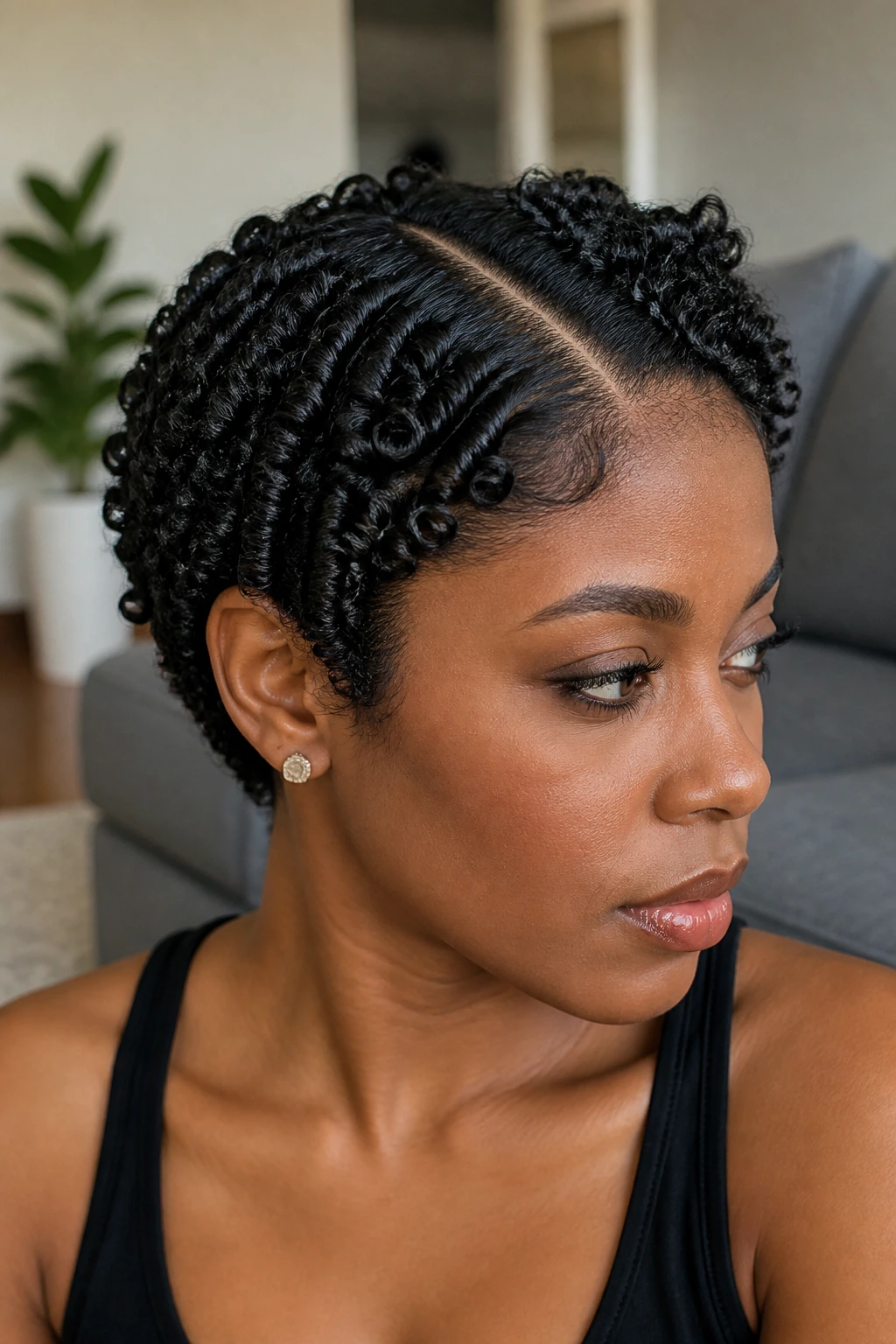 Close-up portrait of a real person with finger coils and a clean part