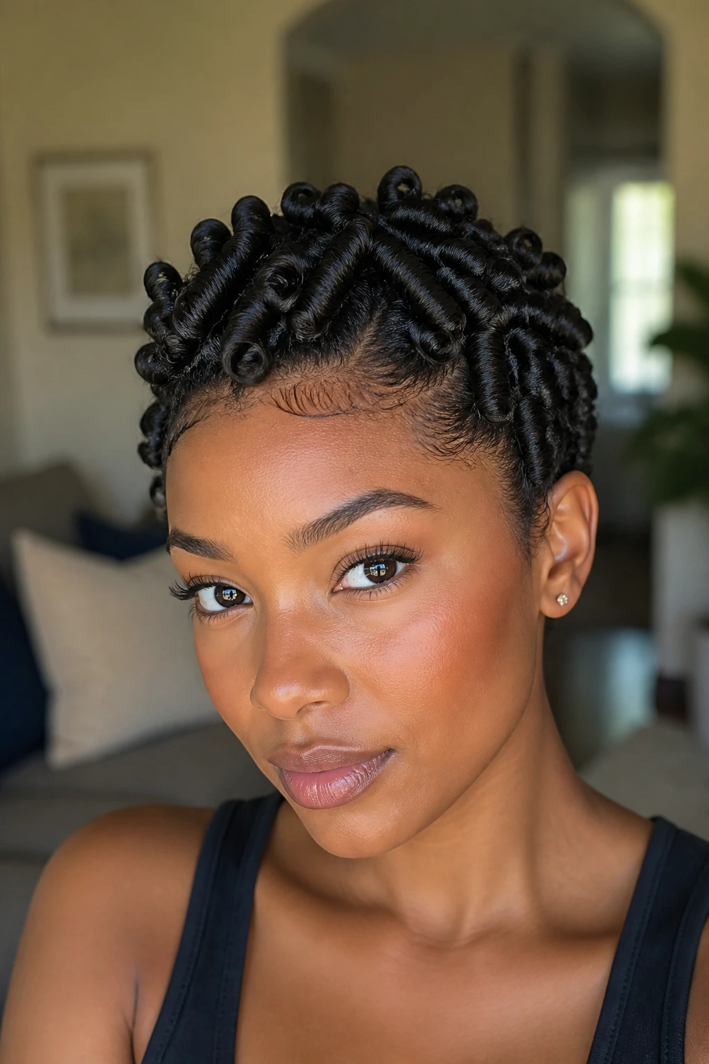 Close-up of a real woman with finger coils wrapped tightly at the crown