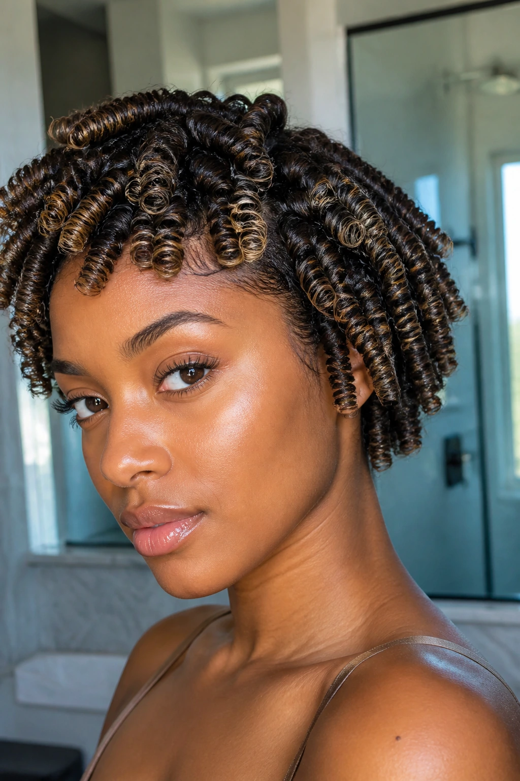 Close-up of real person with finger coils and micro-lowlights.