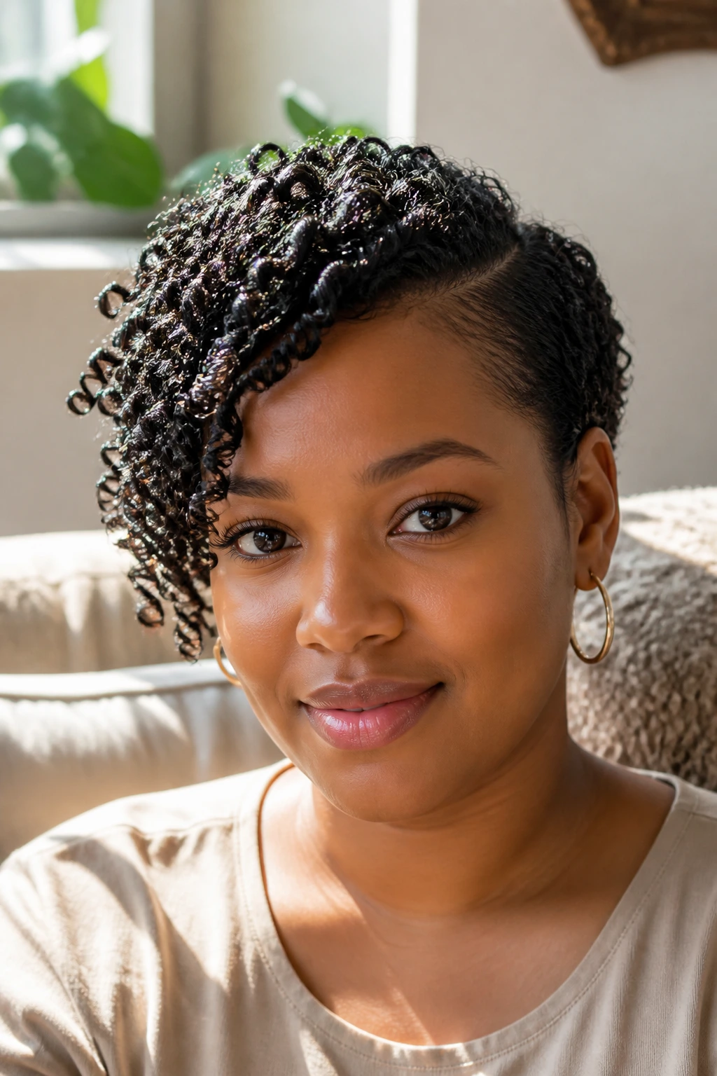 Portrait of a real woman with side-swept finger coils.