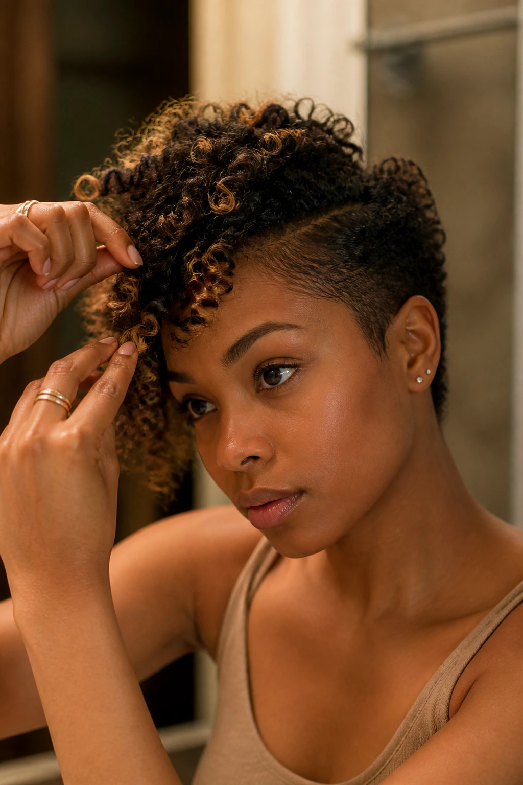 Close-up of a real person performing finger coils on the longer side of an asymmetrical curly haircut.