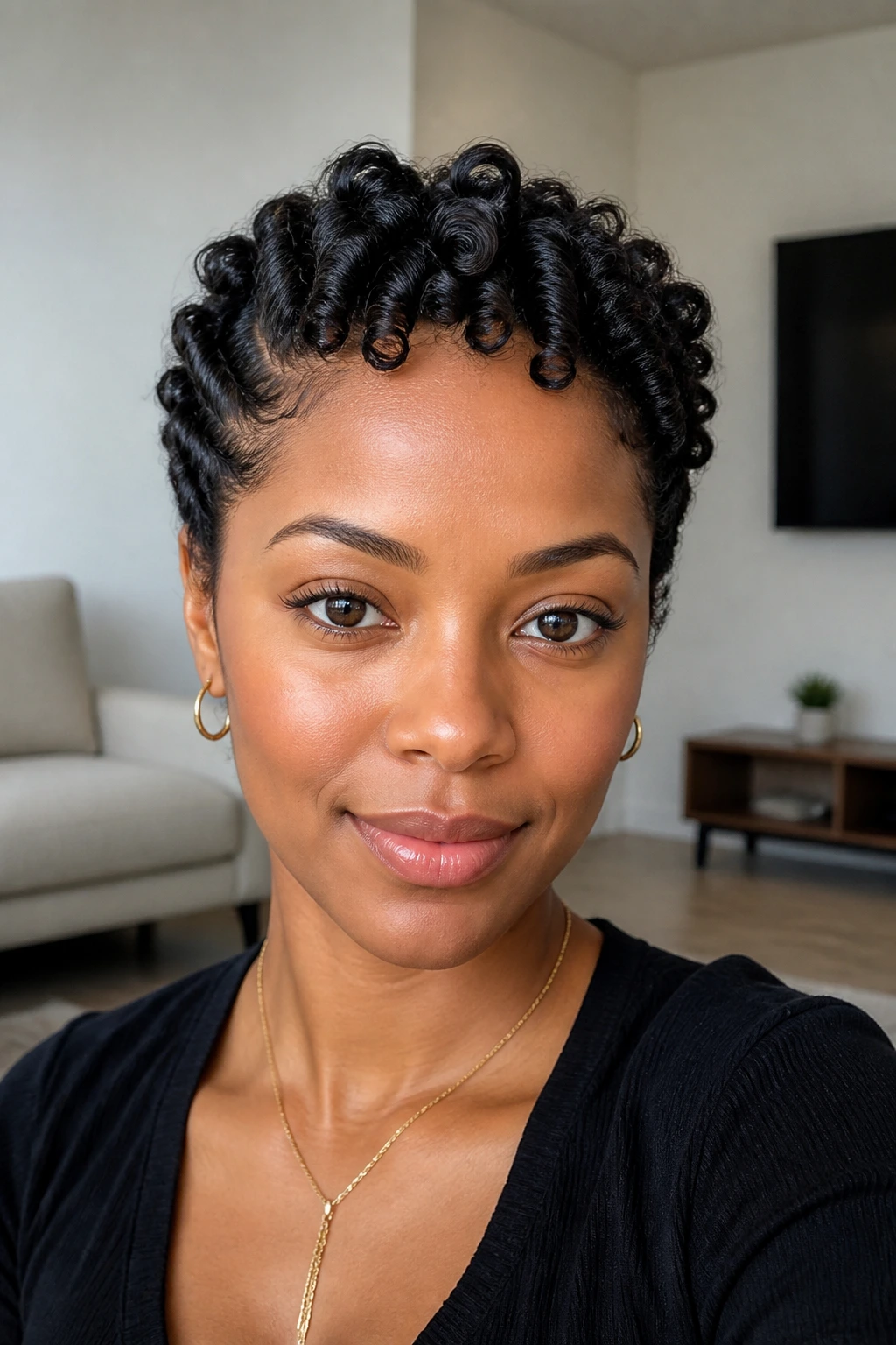 Close-up of real woman with defined finger coils and tucked sides