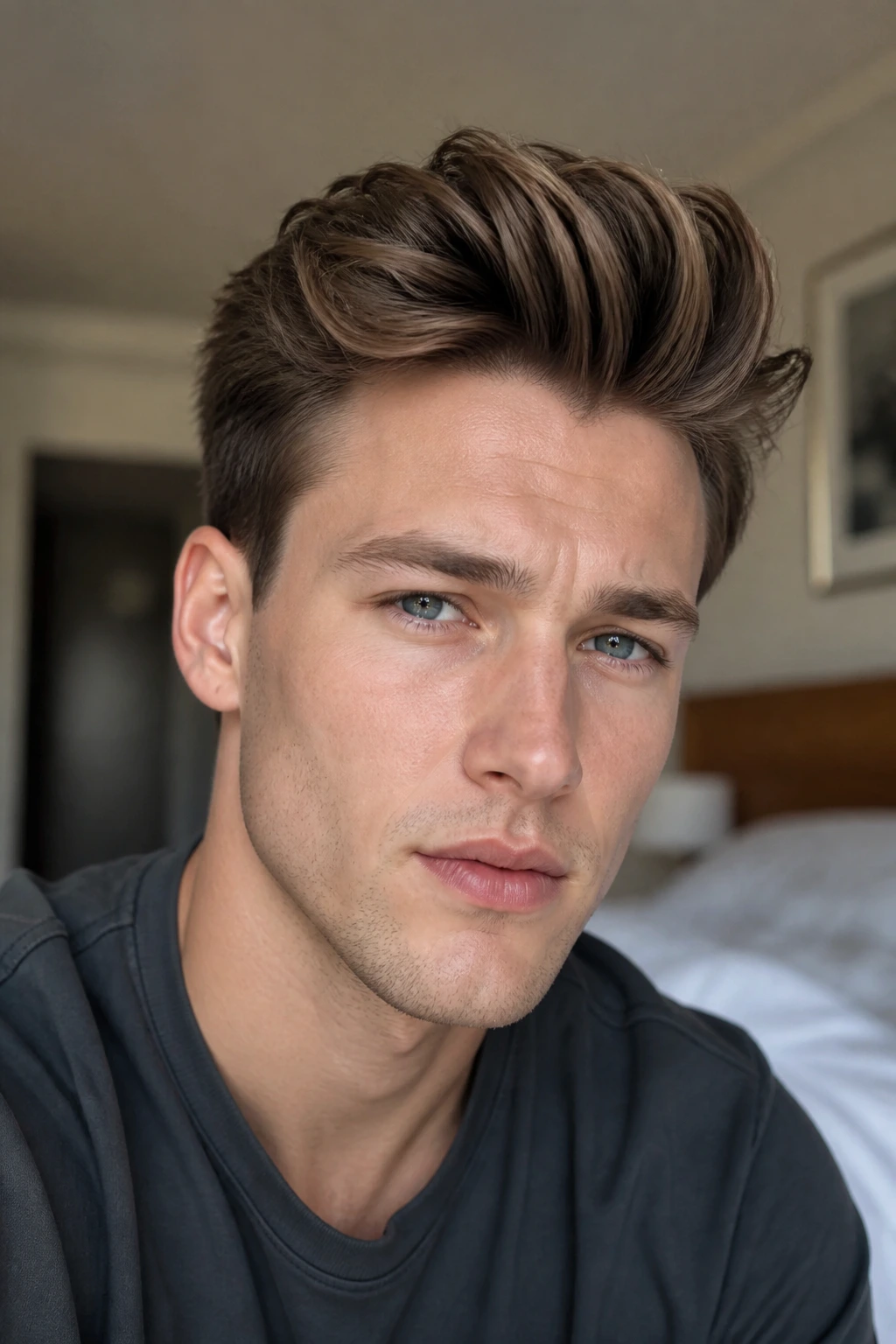 Close-up portrait of a real person with a finger-combed quiff in a softly lit bedroom