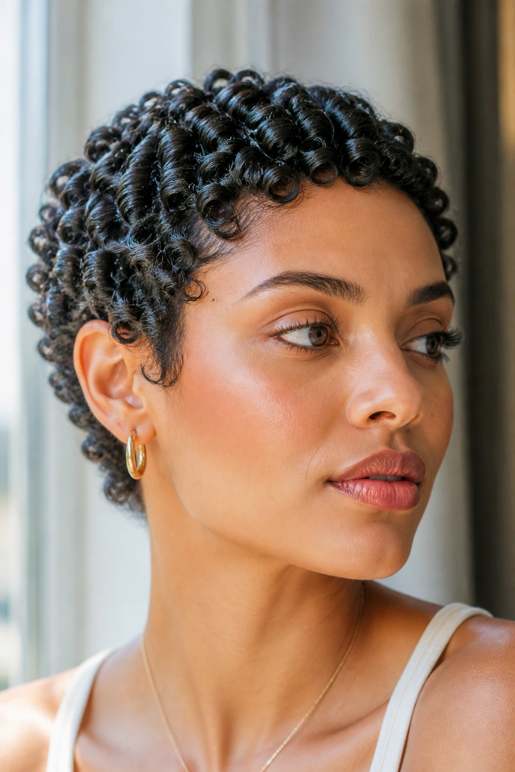 Close-up of a real woman with finger-coiled curls on a short crop