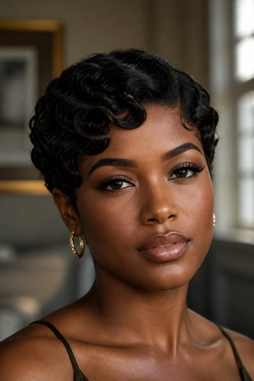 Close-up portrait of a real woman with soft finger-wave crop hairstyle