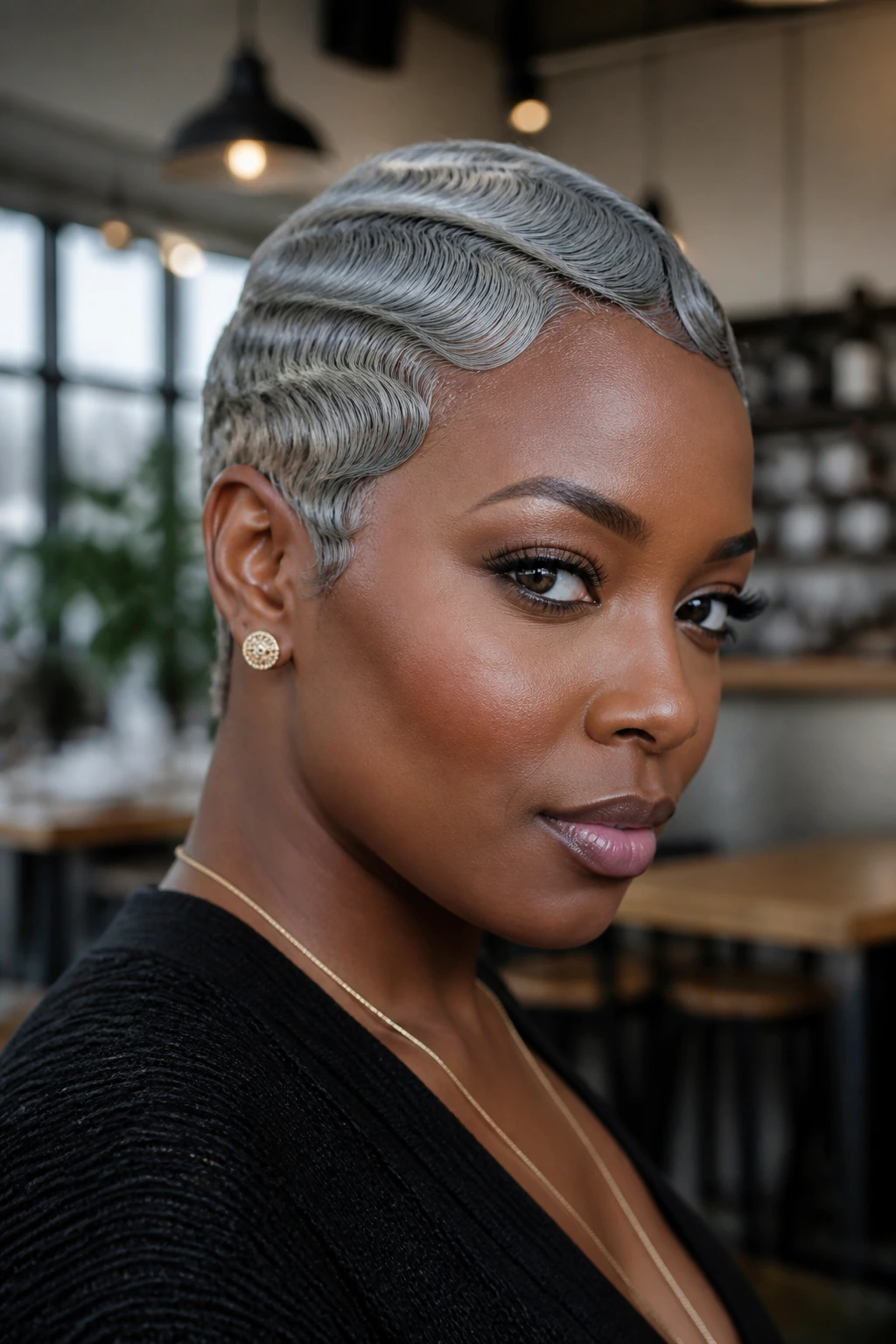Portrait of a person with pewter gray finger-wave crop.