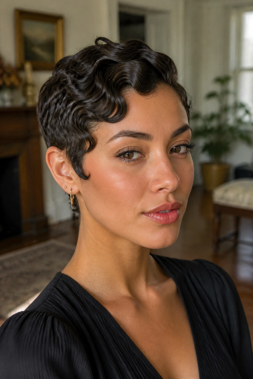 Close-up of a woman with finger-wave curly pixie, S-shaped waves at the front.