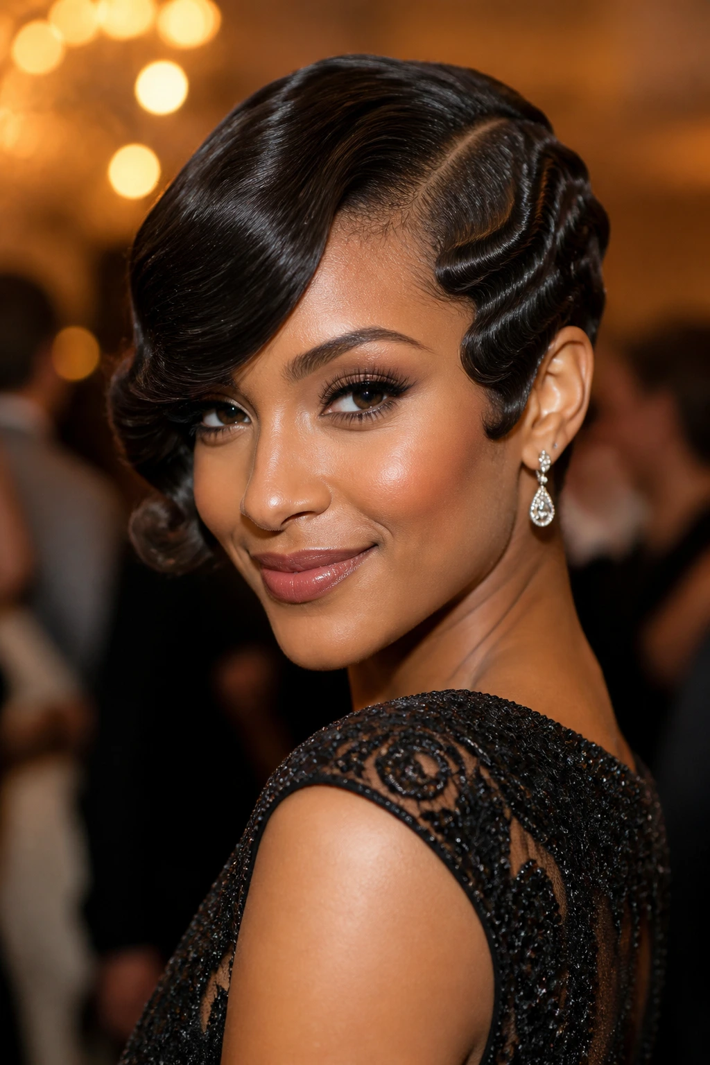 Close-up of a woman with finger-wave pixie and side draping
