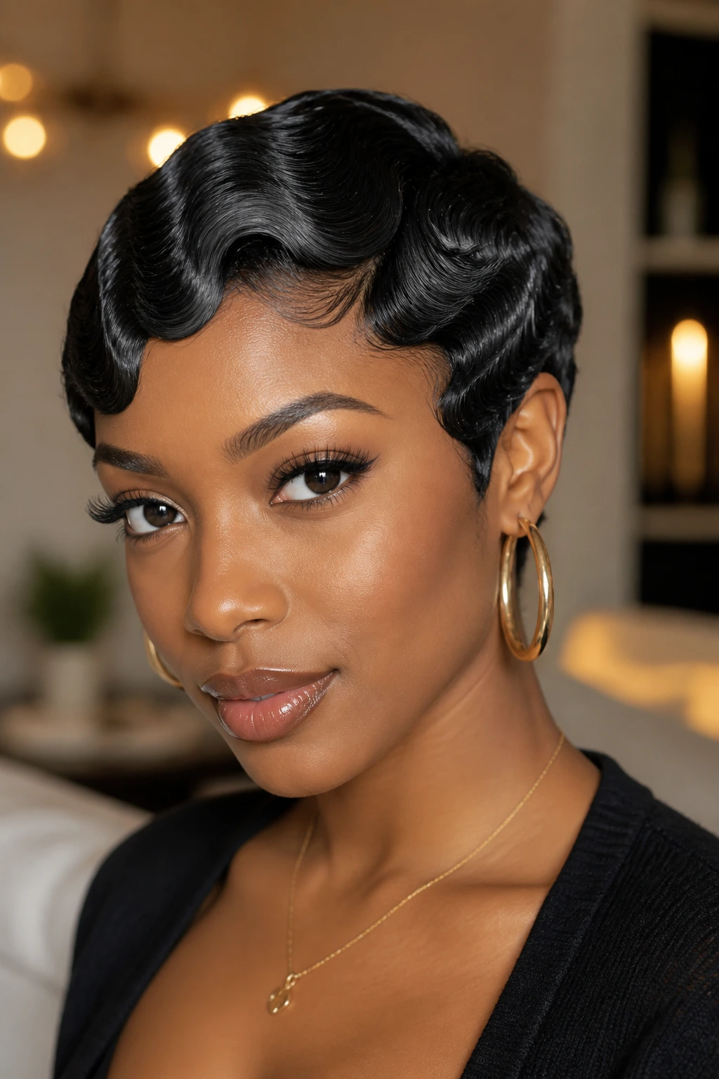 Close-up of a real woman with a finger-wave pixie hairstyle