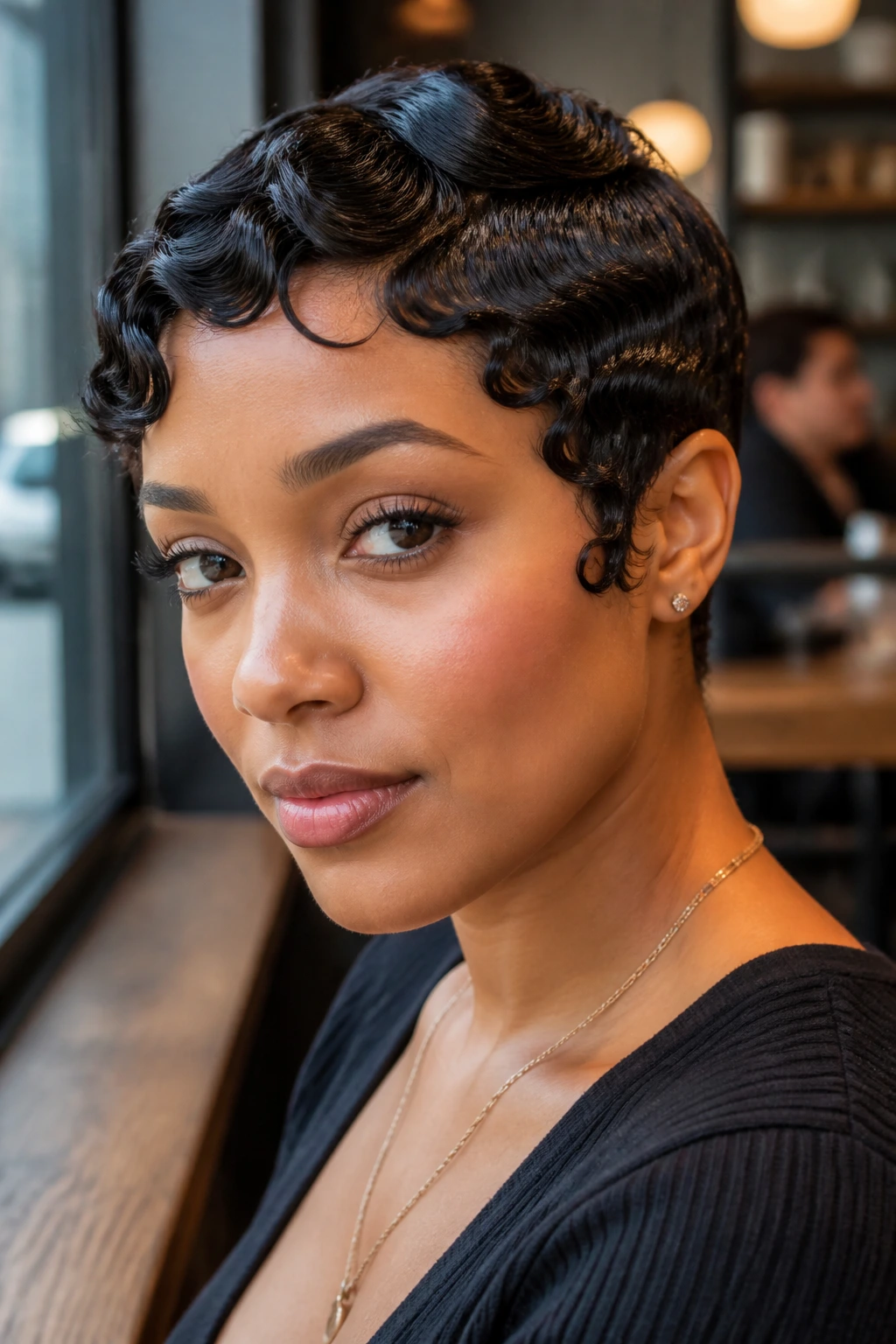 Close-up portrait of a real woman with finger-wave pixie and sculpted front ridges.