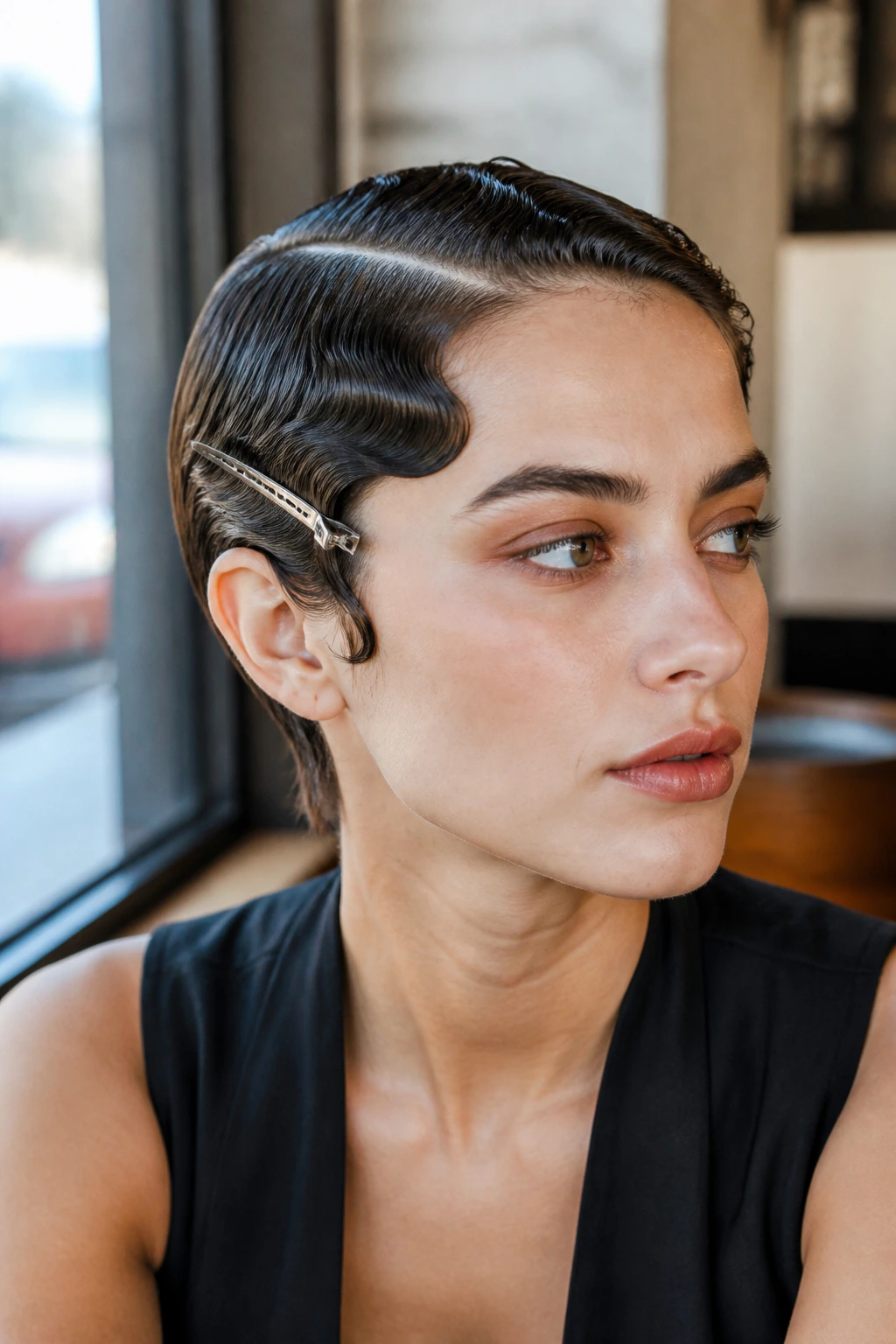 Portrait of a real person showing a finger-wave side sculpt on pixie-length hair