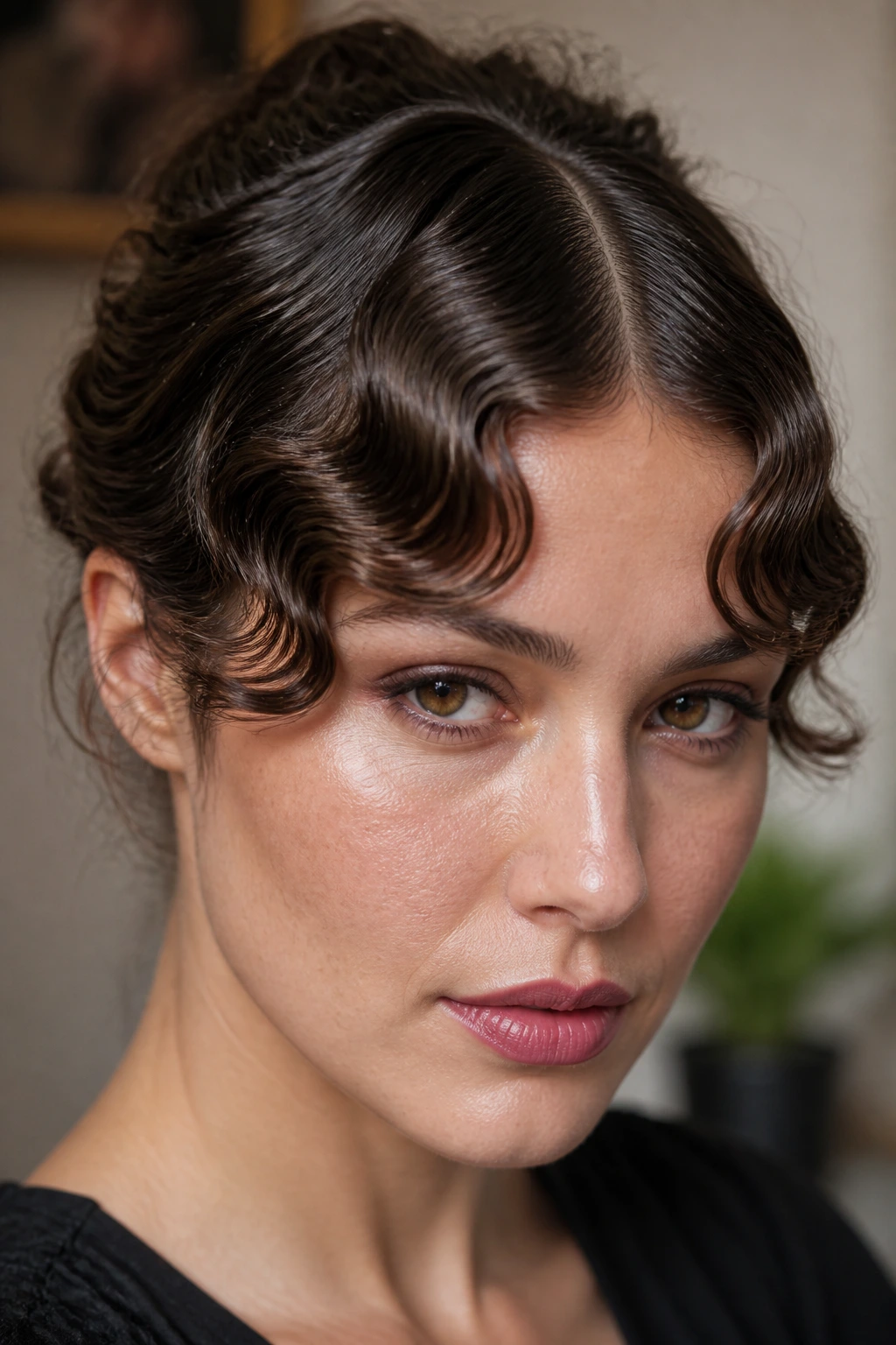 Close-up of a real woman with finger-waved fringe
