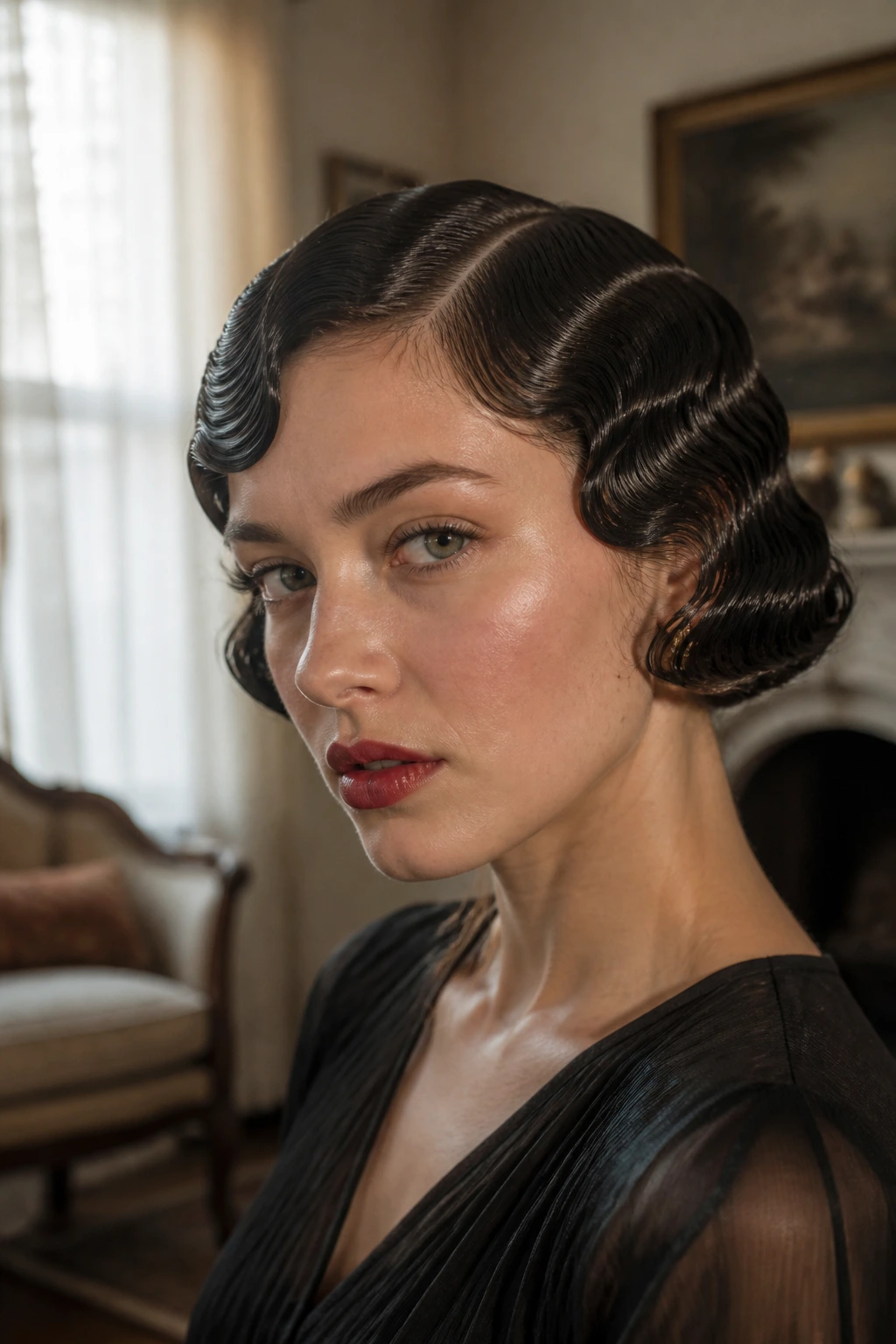 Real person with finger waves on a bob in soft daylight