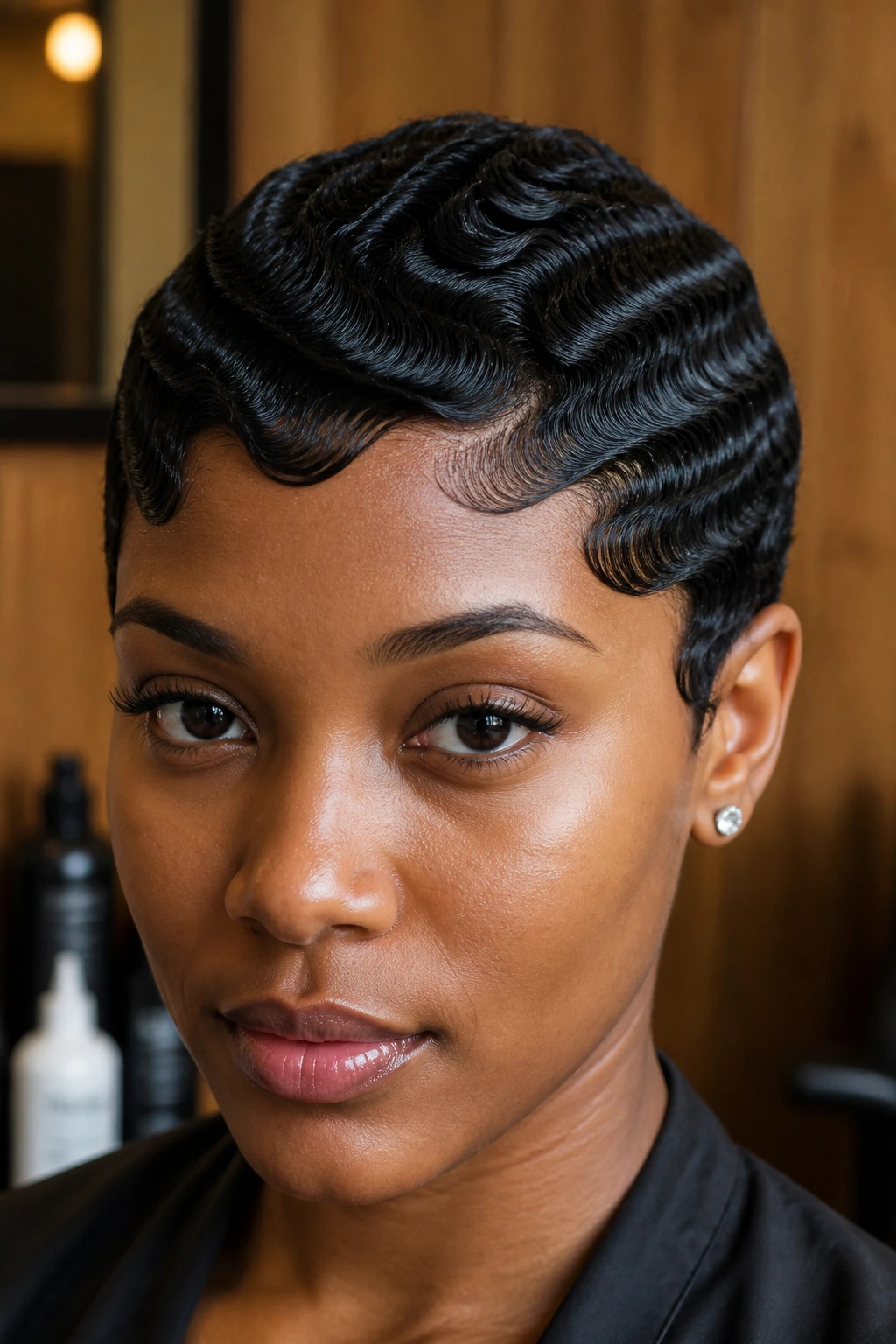 Close-up of finger waves on a dense close crop on a real person