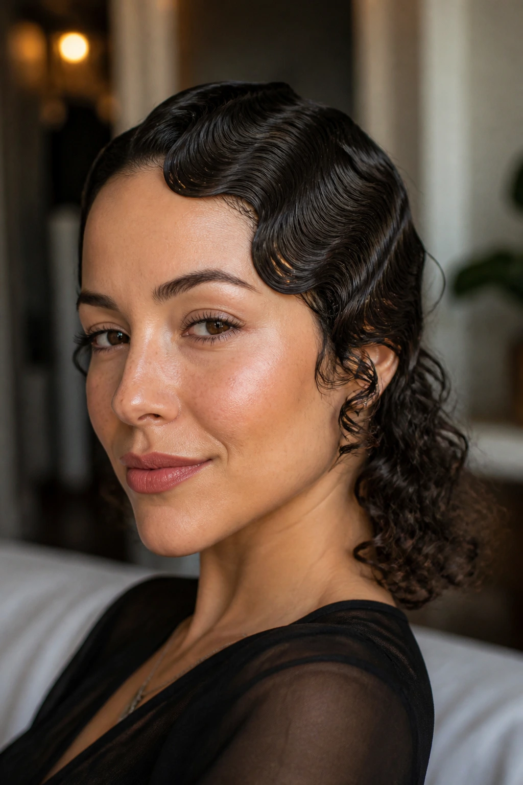 Portrait of woman with finger waves and loose curly ends.