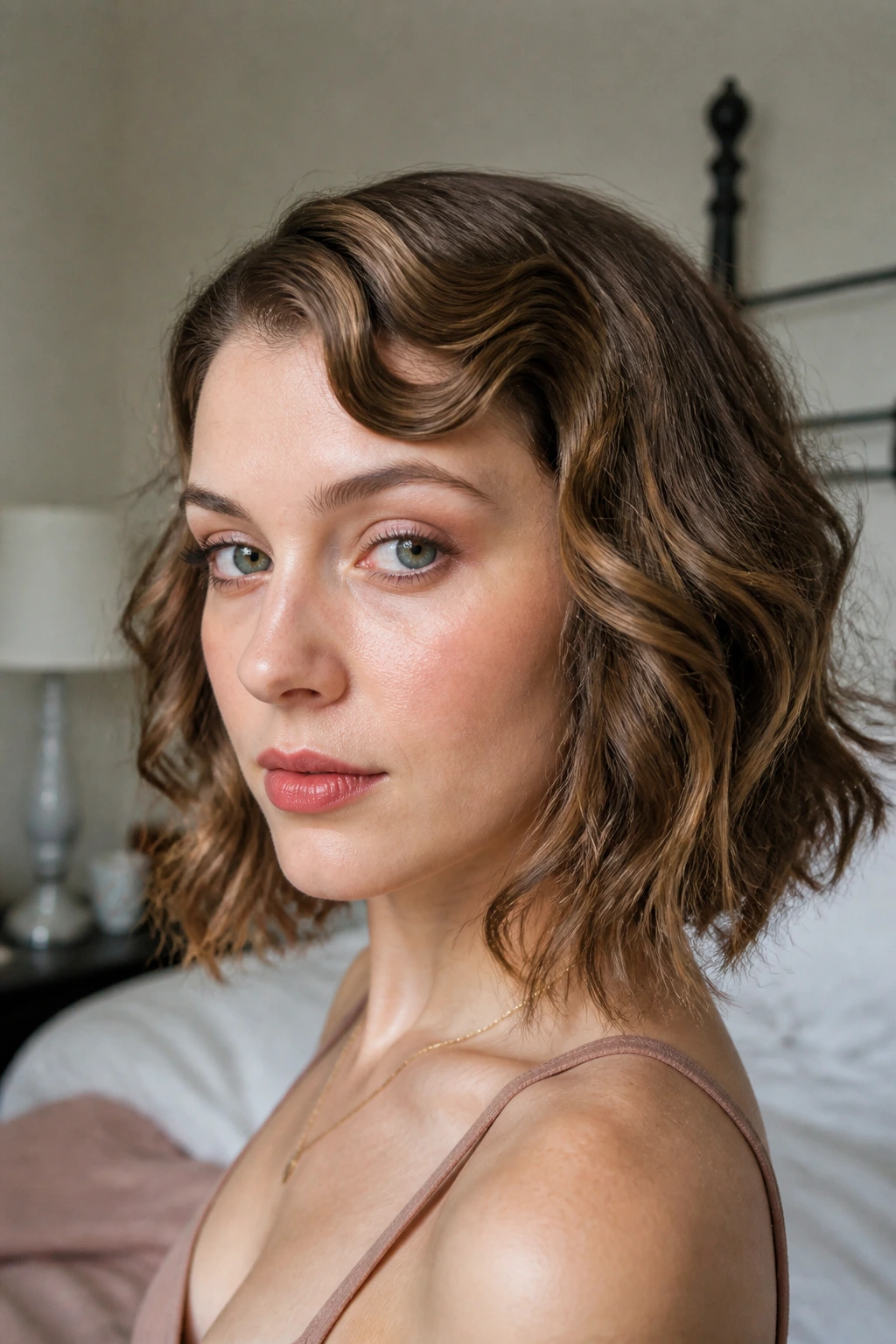 Close-up of a real woman with a finger-waved front and loose rest of hair.