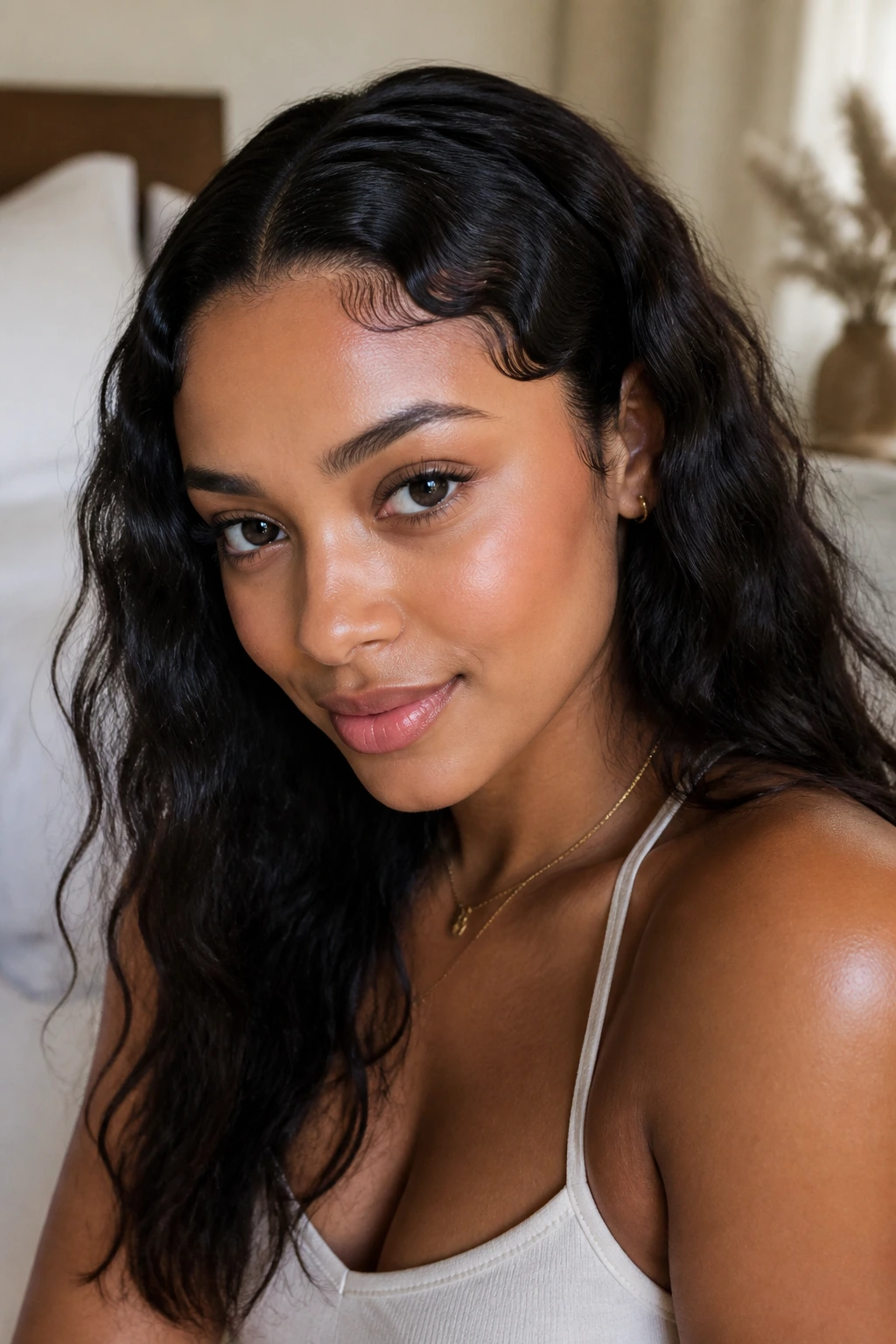 Close-up of a real woman with soft finger waves at the hairline and loose hair behind.