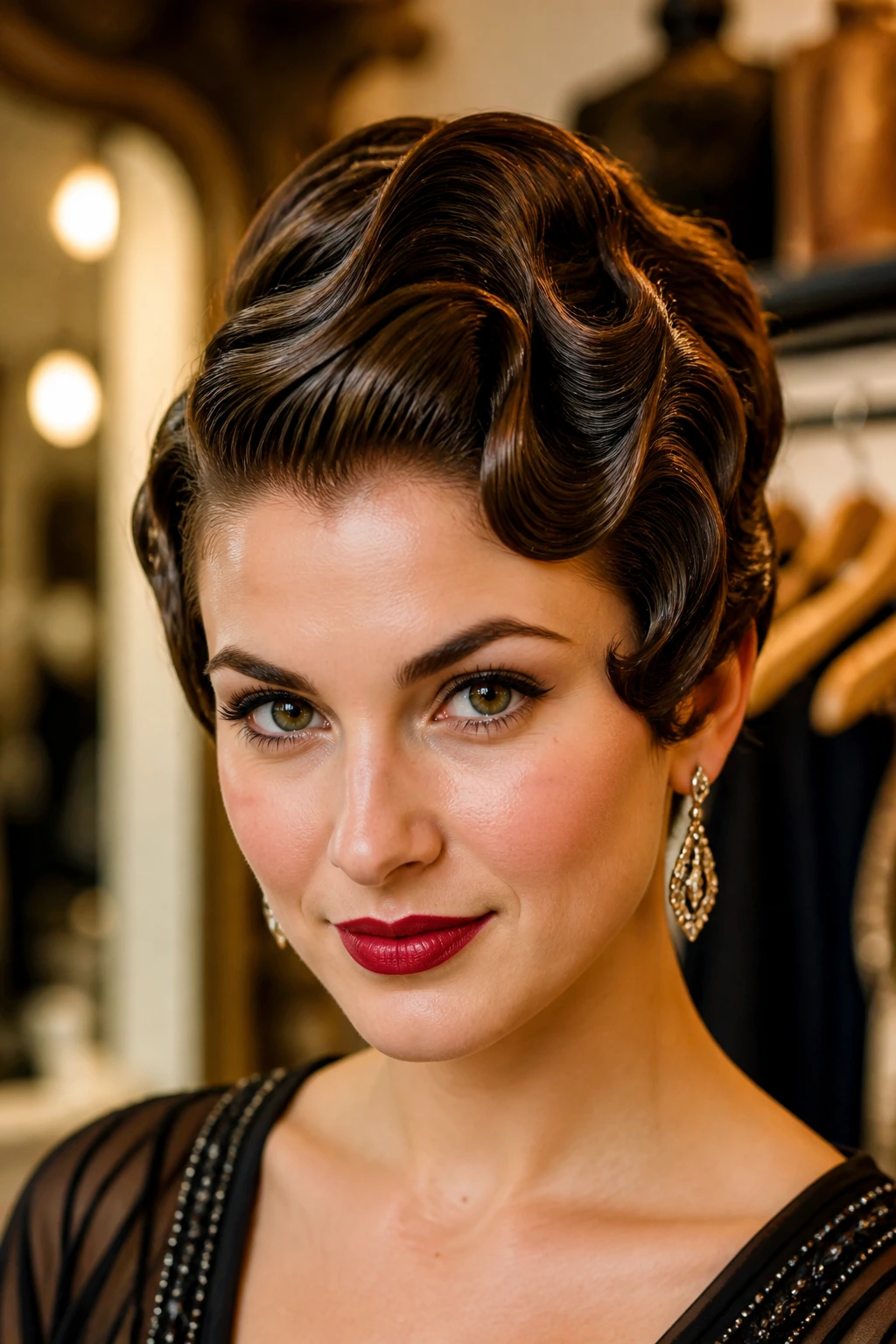 Close-up portrait of a real woman with Finger Waves With Height hairstyle