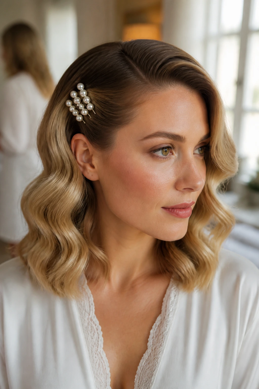 Close-up of Pearl-Pinned Faux Finger Waves on shoulder-length hair with pearl pins near temple