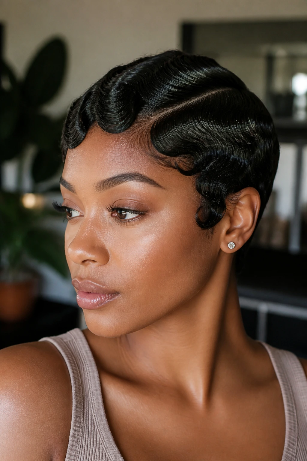 Close-up of a real person with finger-waved pixie cut in warm natural light
