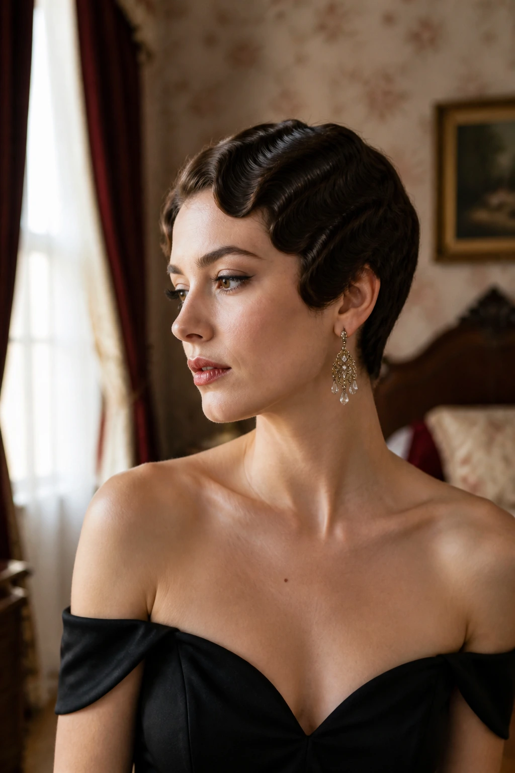 Close-up of finger waves on a short crop beside off-shoulder dress.